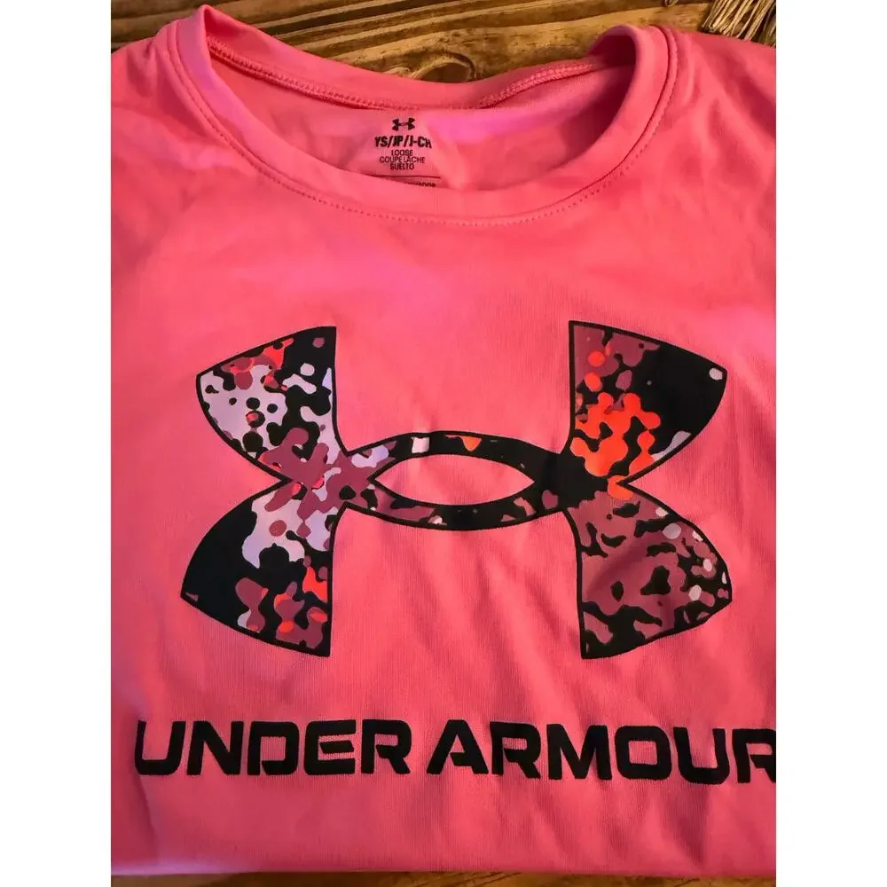 NWT Under Armour Girls Pink Graphic Logo Short Sleeve T-Shirt Youth Size Small